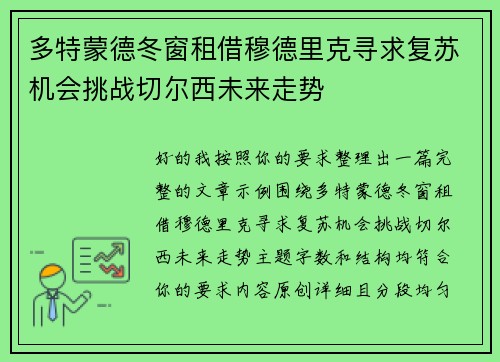 多特蒙德冬窗租借穆德里克寻求复苏机会挑战切尔西未来走势